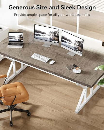 LITTLE TREE 70.8-Inch Large Executive Desk, Modern Computer Office Desk, Wooden Writing Desk Study Table for Home Office, Grey-White