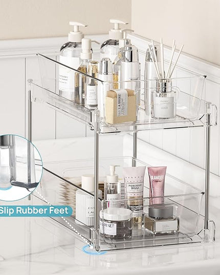 Vtopmart 6 Pack Bathroom Organizer, 2 Tier Clear Under Sink Organizers Vanity Countertop Storage Container,Cabinet Drawers Bins, Pull-Out Organization with Track for Pantry, Kitchen