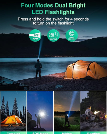 Solar Charger Power Bank, PD 20W Fast Charging External Batter, 40000mAh Portable Phone Charger Built in 4 Cables with Dual Bright Flashlights for Camping, Hiking, and Outdoor Use（Green）