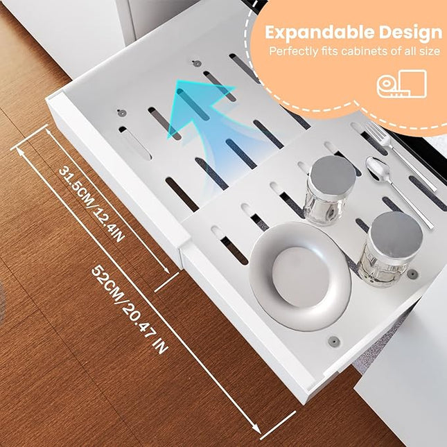 4Pack Expandable Pull-Out Cabinet Organizer 21" Deep Slide Out Drawers, Upgrade 3 Slide Rails, Adjustable Width 12.4”-20.4”, With Screws and Nano Film Adhesive， White