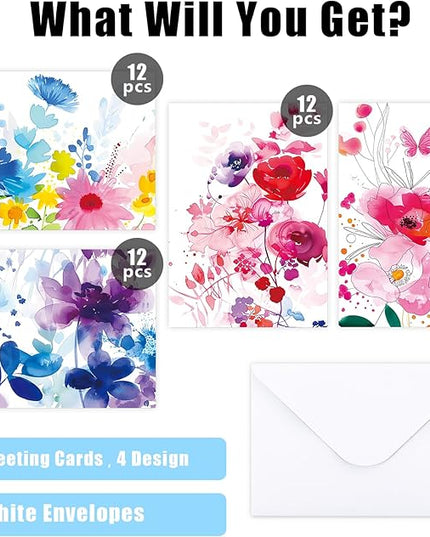 FUHITIM 48 Pack Blank Cards and Envelopes, Watercolor Flowers Blank Greeting Cards, Blank Cards for All Occasion