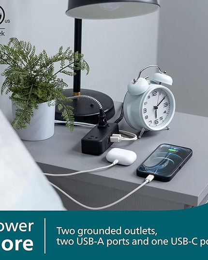 Philips 2-Outlet Extension Cord, 1 USB-C, 2 Type-A Ports, Braided Extension Cord with Multiple Outlets, Flat Plug Power Strip, Power Strip with USB Ports, ETL Listed, Black, SPS3564B/37