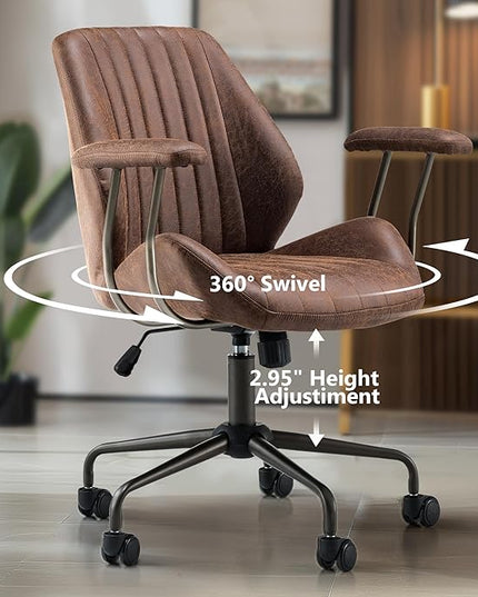 Mid Century Modren Office Chair - Fuax Leather Suede Brown Executive Chairs Ergonomic Mid Back with Lumbar Support, Swivel Computer Desk Task Chair with Wheels for Home Office (Dark Brown, Mid Back)