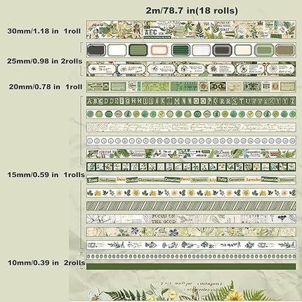 Auguro 18 Rolls Botanical washi Tape Set for Crafts and Journaling DIY Scrapbooking Supplies Flower washi Tape for Scrapbooking Decorating Tape