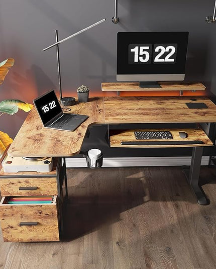 EUREKA ERGONOMIC Standing Desk with Keyboard Tray, Computer Desk, 61" L Shaped Electric Adjustable Height Desk w Monitor Stand LED, Corner Sit Stand Desk Gaming Desk, Dual Motor,Left/Rustic Brown