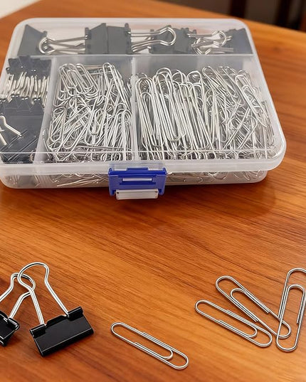 Binder and Paper Clips Set, 340 pcs Assorted Sizes in Container With Compartments - Silver Paper and Black Binder Clips for Home, School, Office Supplies