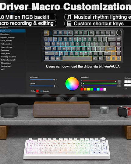 AULA F75 Pro Wireless Mechanical Keyboard with Knob,75% Hot Swappable Custom Gaming Keyboards,RGB Backlit,Pre-lubed Switches,Side Printed PBT Keycaps Creamy Sounding Computer Keyboard, Line White