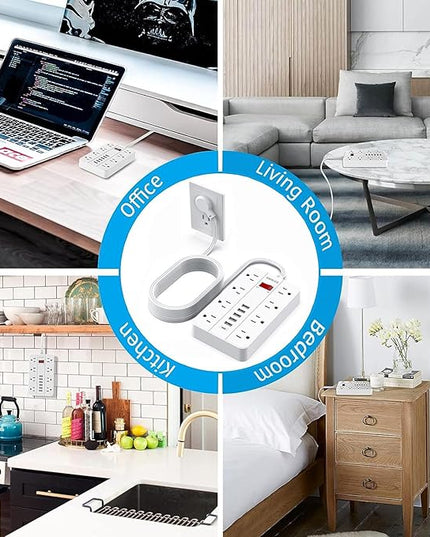 Flat Plug Extension Cord 15 Ft, SMNICE Surge Protector Power Strip with 8 Widely Spaced Outlets and 6 USB(1USB C) Ports, Wall Mount Long Charging Station for Dorm Home, Office Accessories, White