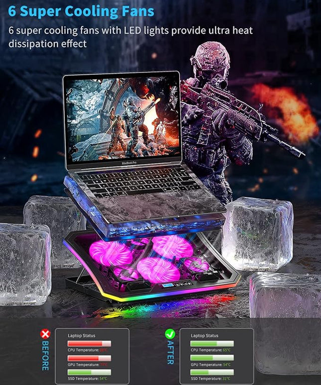 Laptop Cooling Pad, KeiBn RGB Laptop Cooler for 15.6-17.3 Inch Laptops, with 10 Modes Lights | 6 Fans | 7 Height Stands | 2 USB Ports | Desk or Lap Use (A8/Purple)