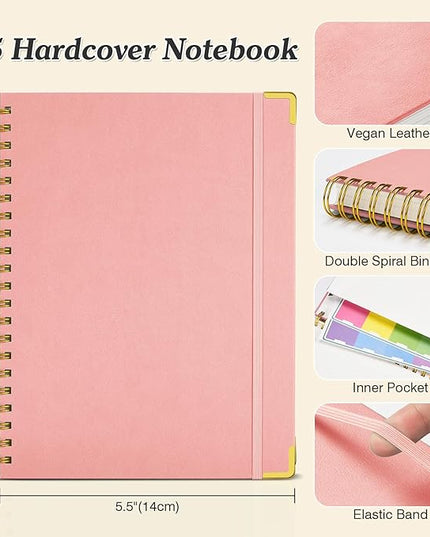Blank Spiral Notebook: Leather Sketch Book, 300 Pages Hardcover Unlined Notebook for Women Men,100GSM Thick No Bleed Paper Journal, A5 Small Art Sketchbook for Drawing Writing Work, 5.5" x 8", Pink