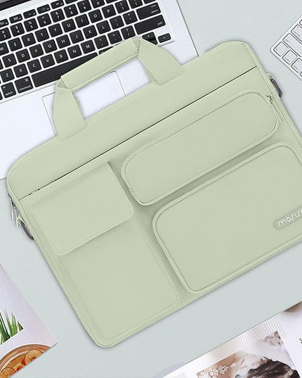 MOSISO Laptop Shoulder Bag 13.3 inch, 13-14 inch Computer Bag Compatible with MacBook Air/Pro 13 / Pro 14, HP Dell ASUS Lenovo with 2 Raised&1 Flapover&1 Horizontal Pocket&Handle&Belt, Sage Green