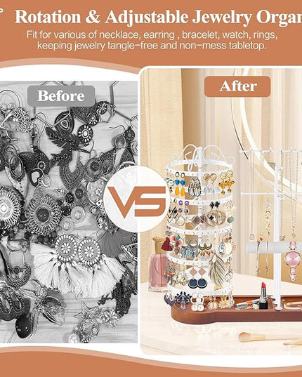 KALYLOC Jewelry Earring Holder Organizer, Adjustable 5 Tiers Rotating Earring Holder 3 Tier Necklace Holder with Wooden Base, Multi-Functional Jewelry Organizer Display Stand for Studs Bracelet Women