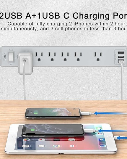 6Ft Power Strip Surge Protector - Yintar Extension Cord with 6 AC Outlets and 3 USB Ports for Home, Office, Dorm Essentials, 1680 Joules, ETL Listed, Grey