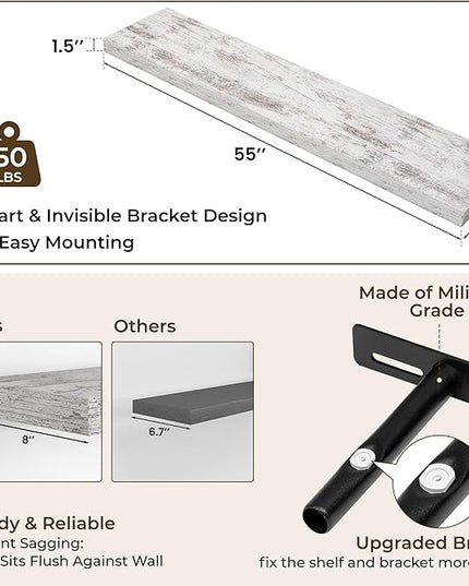 RICHFOCUS 55Inch Floating Shelves for Wall 2 Pack Shelves for Bedroom|Kitchen|Bathroom Wall Mounted Rustic Distressed Wood Floating Shelf with Invisible Brackets for Books|Storage|Decor, Rustic