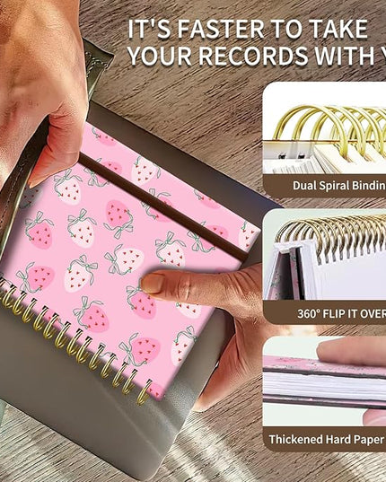 Spiral Journal Notebook, A5 Cute Notebooks for Women Men, College Ruled Hardcover Notebook for Work & Note Taking, 60 Pages Double-Wire Journals for Writing, Pink Cute Strawberry