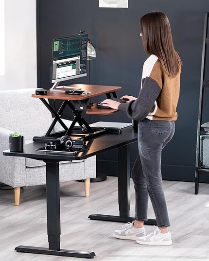 VIVO 28 inch Desk Converter, K Series, Height Adjustable Sit to Stand Riser, Dual Monitor and Laptop Workstation with Keyboard Tray, Dark Walnut Top, Black Frame, DESK-V028KA