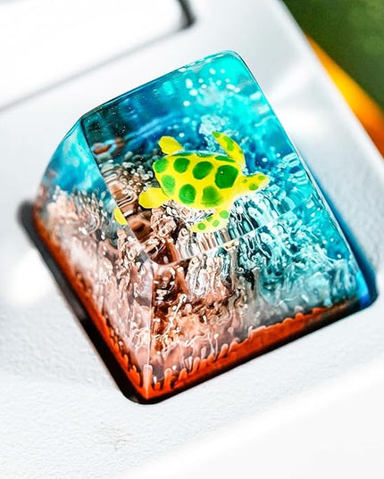 Sea Turtle Artisan Keycap Brown and Blue Coral R1 SA Profile Custom Sea Creatures Keycaps 1U ESC Handmade Gaming Resin Key Cap Cherry MX Switch Compatible Mechanical Keyboard Turtle Lover Gift