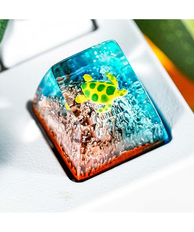 Sea Turtle Artisan Keycap Brown and Blue Coral R1 SA Profile Custom Sea Creatures Keycaps 1U ESC Handmade Gaming Resin Key Cap Cherry MX Switch Compatible Mechanical Keyboard Turtle Lover Gift