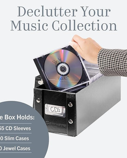 Snap-N-Store CD Storage Box - Pack of 1 - Durable 5.1 x 5.1 x 13.2 Inch Disc Holder with Lid to Store up to 165 Discs - Black