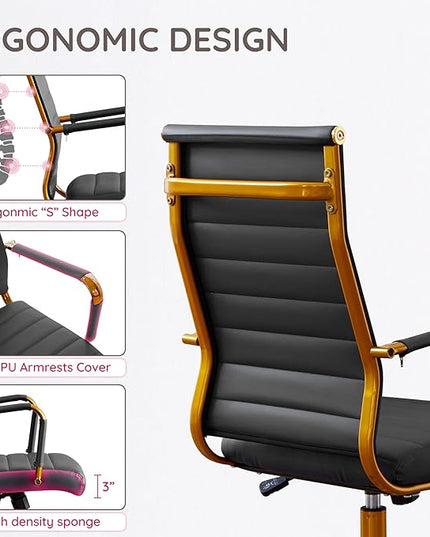 Livinia Modern Executive Office Desk Chair, Chrome & Leather Conference Room Swivel Chairs with Ribbed High Back, Adjustable Height, Removable Armrest, and Wheels for Home Office (Black(Gold))