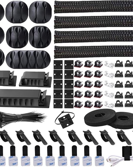 N NOROCME 192 PCS Cable Management Kit 4 Wire Organizer Sleeve,11 Cable Holder,35Cord Clips 10+2 Roll Cable Organizer Straps and 100 Fastening Cable Ties for Computer TV Under Desk, black,clear