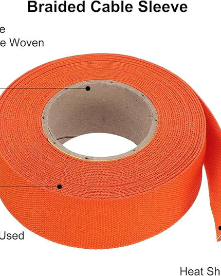 MECCANIXITY Braided Cable Sleeves Heat Shrinkable Fabric Sleeving, 1" 26ft Orange 2:1 Ratio Heat Shrinkable Cord Protector for Harness Cable, Network Cable Protection, Cable Management