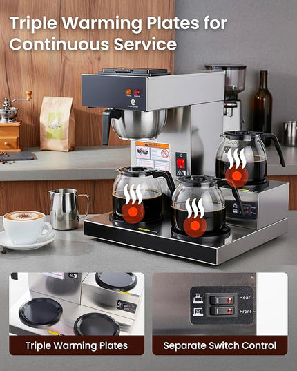 SYBO Commercial Coffee Maker 12 Cup, Pour Over Drip Coffee Maker Brewer with 3 Lower Warmers, Stainless Steel Cafetera