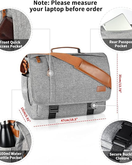 ESTARER Messenger Bag 17-17.3 Inch, Men's Computer Bag Water-resistant Canvas, Laptop Shoulder Bag for Travel Work College, Light Grey