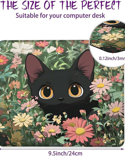 Black Cat Among Flowers Mouse Pad Square Mouse Mat Non-Slip Rubber Base Mousepad with Stitched Edge, Portable MousePads for Desk Computers Laptop Office, 9.5x8 Inches