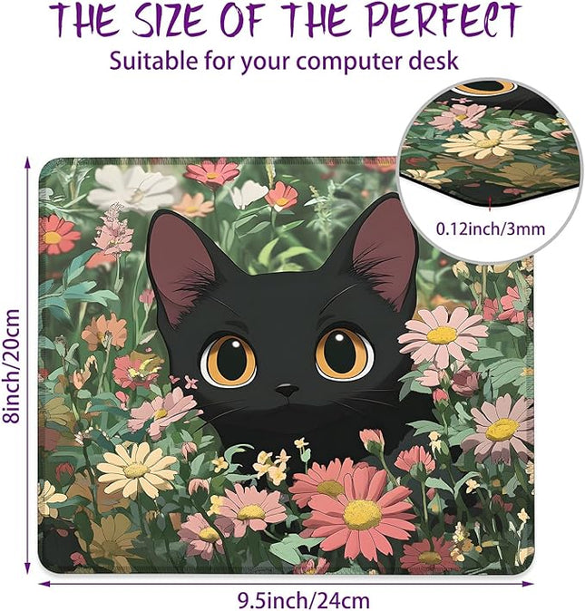 Black Cat Among Flowers Mouse Pad Square Mouse Mat Non-Slip Rubber Base Mousepad with Stitched Edge, Portable MousePads for Desk Computers Laptop Office, 9.5x8 Inches