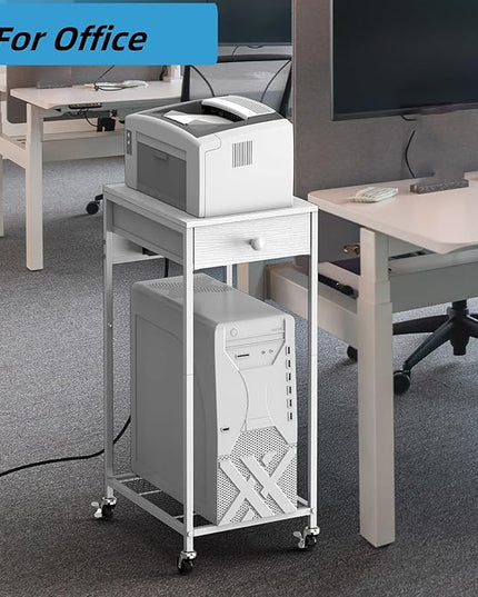 Computer Tower Stand, Adjustable PC Tower Stand CPU Holder Cart with Charge Station and USB Charging Port, 2 Tier Printer Stand with Wood Storage Drawer for Home Office Fax, White