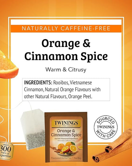 Twinings Orange & Cinnamon Spice Herbal Tea Individually Wrapped Bags, 20 Count (Pack of 6), Naturally Caffeine-Free, Enjoy Hot or Iced, 120 Teabags