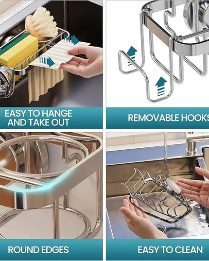 TAILI 4-in-1 Sponge Holder for Kitchen Sink with Strong Suction Cup Removable, Rustproof Aluminum Sink Caddy for Sponge, Brush, Scrubber, Scraper -Silver