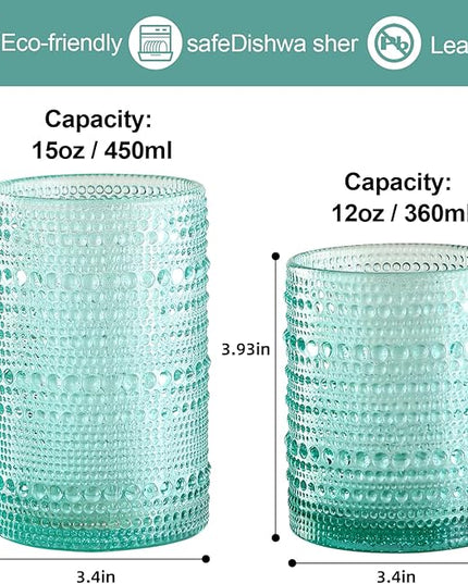 Vintage Glassware Drinking Glasses Set of 12,Light Blue 12oz & 15oz Hobnail Glass Cups,Embossed Water Tumbler,for Beer,Cocktail,Whiskey,Juice and Various Mixed Drinks- 1 Cleaning Brush