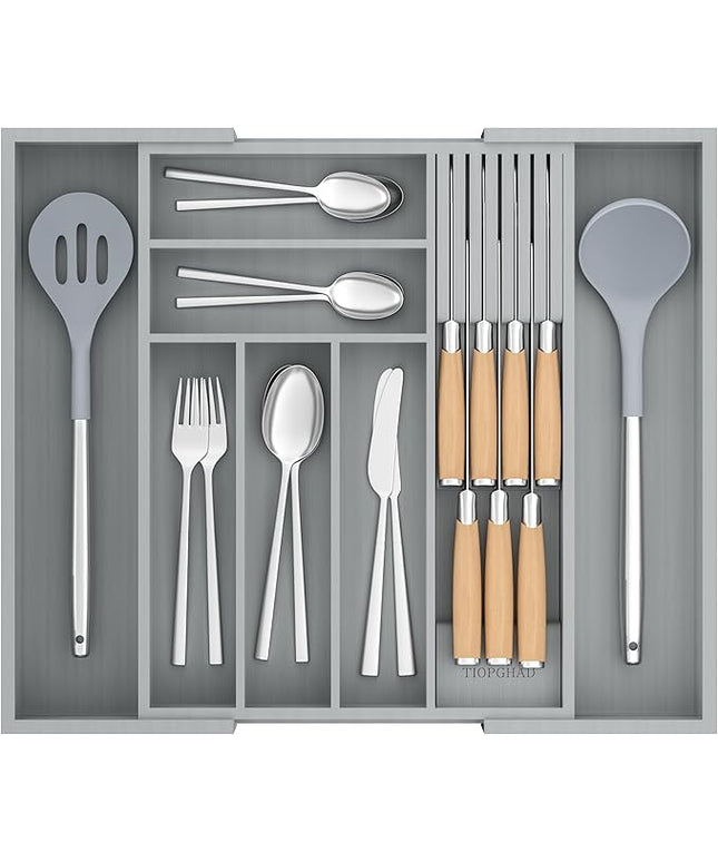 Bamboo-Silverware-Drawer-Organizer-Kitchen, Expandable Utensil Holder Cutlery Tray Flatware Organization Adjustable Wood Tableware Dividers Storage (with Removable Knife Block)(Grey)