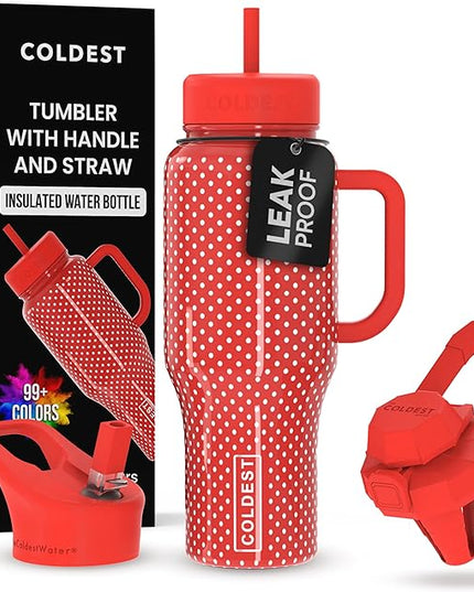 Coldest Tumbler with Handle and Straw - 100% Leak Proof Insulated Tumbler with Lid and Straw (3 Lids) - Stainless Steel Tumblers for Women & Men - Cup Holder Friendly Base, 36 oz (Red Dress)