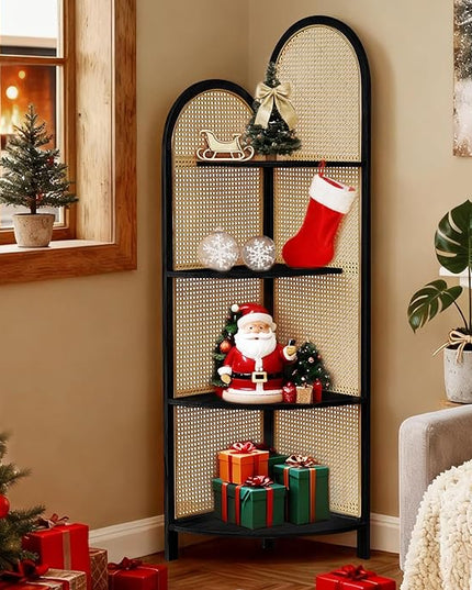 Corner Shelf Stand 4-Tier 70" Corner Shelves Display Shelf Pine Wood Frame with Rattan Wall Corner Bookshelf Multi Unit Organizer Rack with Legs for Living Room Decor,Small Space (Black)