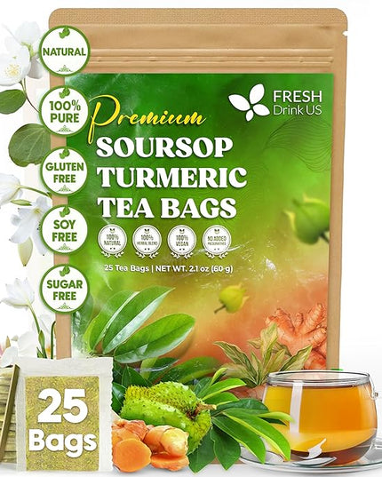FreshDrinkUS, Premium 25 Tea Bags Soursop Turmeric, 100% Natural, Blend of Soursop Leaves, and Turmeric Root. Made with Natural Material Tea Bags. No Sugar, Vegan.