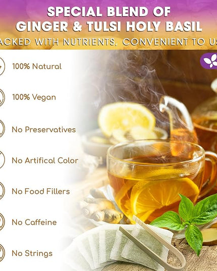 FreshDrinkUS, Premium 35 Ginger Tulsi Tea Bags, 100% Natural, Hand-made Blend of Ginger and Tulsi Holy Basil Leaves, Eco-conscious Tea Bags. Herbal Tea. No Sugar, No Caffeine, Vegan.