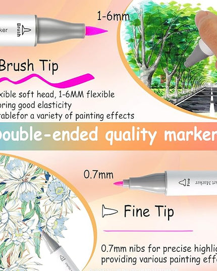 Caliart 180 Colors Alcohol Markers Brush Tip, Dual Tip Artists Coloring Markers Set Brush & Fine, Permanent Alcohol Based Colored Sketch Pens, Art Supplies Gifts for Adults Illustration Drawing