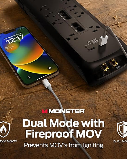 Monster Power Surge Protector w/ 4,050 Jules Rating — Heavy Duty Power Strips with Surge Protection, 8 Outlets, USB-A & USB-C, 2 Coax, 5 Ethernet Ports, Fireproof MOV, Dual Mode (6FT Cord, Black)