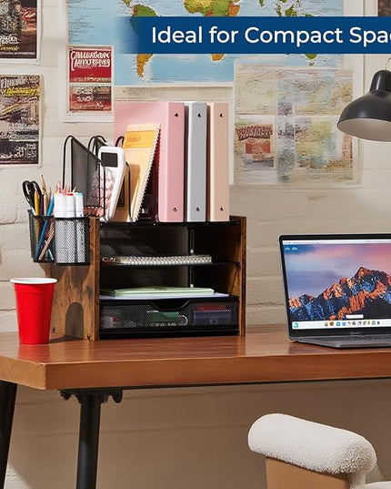 Y YOMA Wooden Desk Organizer, 4-Tier Mesh Desk Organizer with Drawer, Paper Tray & 5 Vertical File Holders, 2 Pen Holders, Desktop Organizer and Accessories for Home Office Dorm