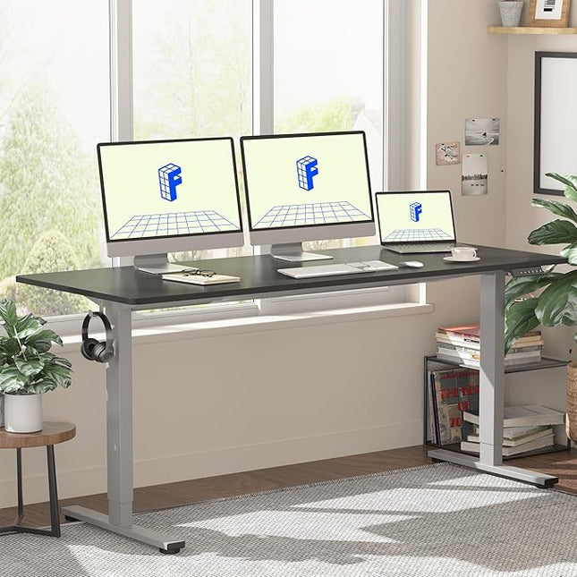 FLEXISPOT EN1 One-Piece Adjustable 60 x 24 Inches Stand Up Desk Workstation Electric Standing Desk with Seamless Desktop (Silver Frame + 60 inches Black Top, 2 Packages)