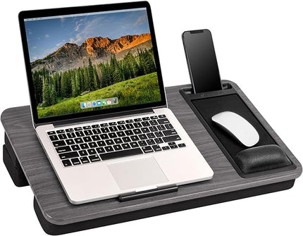 LAPGEAR Extra Large Adjustable Lap Desk – Fits Laptops up to 17.3”, Adjustable Cushion, Memory Foam Wrist Rest, Mouse Pad, Device Ledge, & Phone Slot – Gray Woodgrain - Style No. 88105
