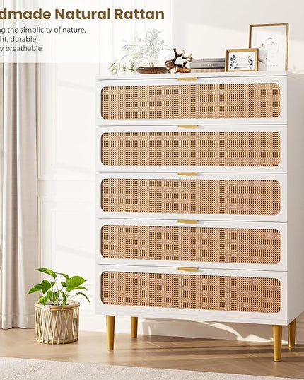 Garvee Rattan Dresser with 5 Drawers, Tall Modern Closet with Deep Storage, Large Chest of Drawers with Wide Top, Long Wooden Dresser for Bedroom, Living Room, Hallway, Kids Room, White