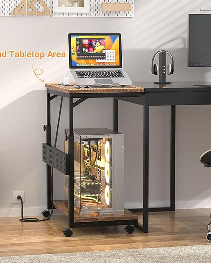 Computer Tower Stand with Power Strips, 4 Levels Manual Height Adjustable PC Tower Stand for Under Desk, Mobile Rolling CPU Holder, Computer Cart with Wheels, 24", Rustic Brown