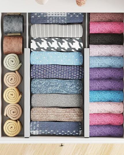 SpaceAid Bamboo 4 Pack Dresser Drawer Dividers, 4.65“ High Adjustable 12.5“-17” Drawer Organizers, Expandable Organization for Clothing, Clothes, Dressers, Gray