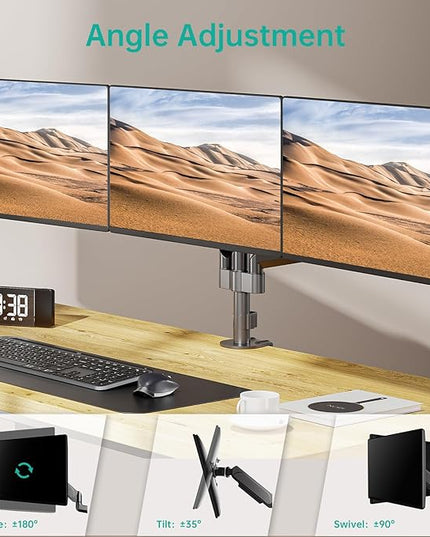WALI Triple Monitor Mount for 13-27 inch Screens, Adjustable 3 Monitors Desk Mount with Swivel, Tilt, Clamp & Grommet Kit, Gas Spring Arm Triple Monitor Stand, VESA 75x75/100x100mm (GSDM003), Black
