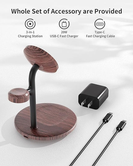 XooFly 3 in 1 Wireless Charging Station for Apple Devices, Fast Wireless Mag-Safe Charger Stand with 20W Adapter for iPhone 17/16 15 14 13 12 Pro Max/Pro/Plus/Air/Mini,iWatch,AirPods,Brown Wood Grain