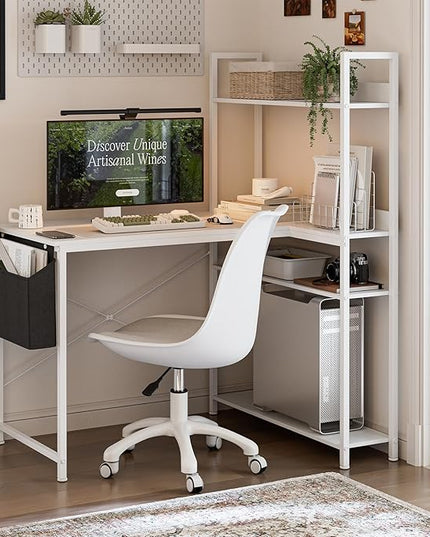 Grandder 47 Inch L Shaped Computer Desk with Reversible Storage Shelves, Home Office Corner Desk Study Writing Table with Hutch, Study, White